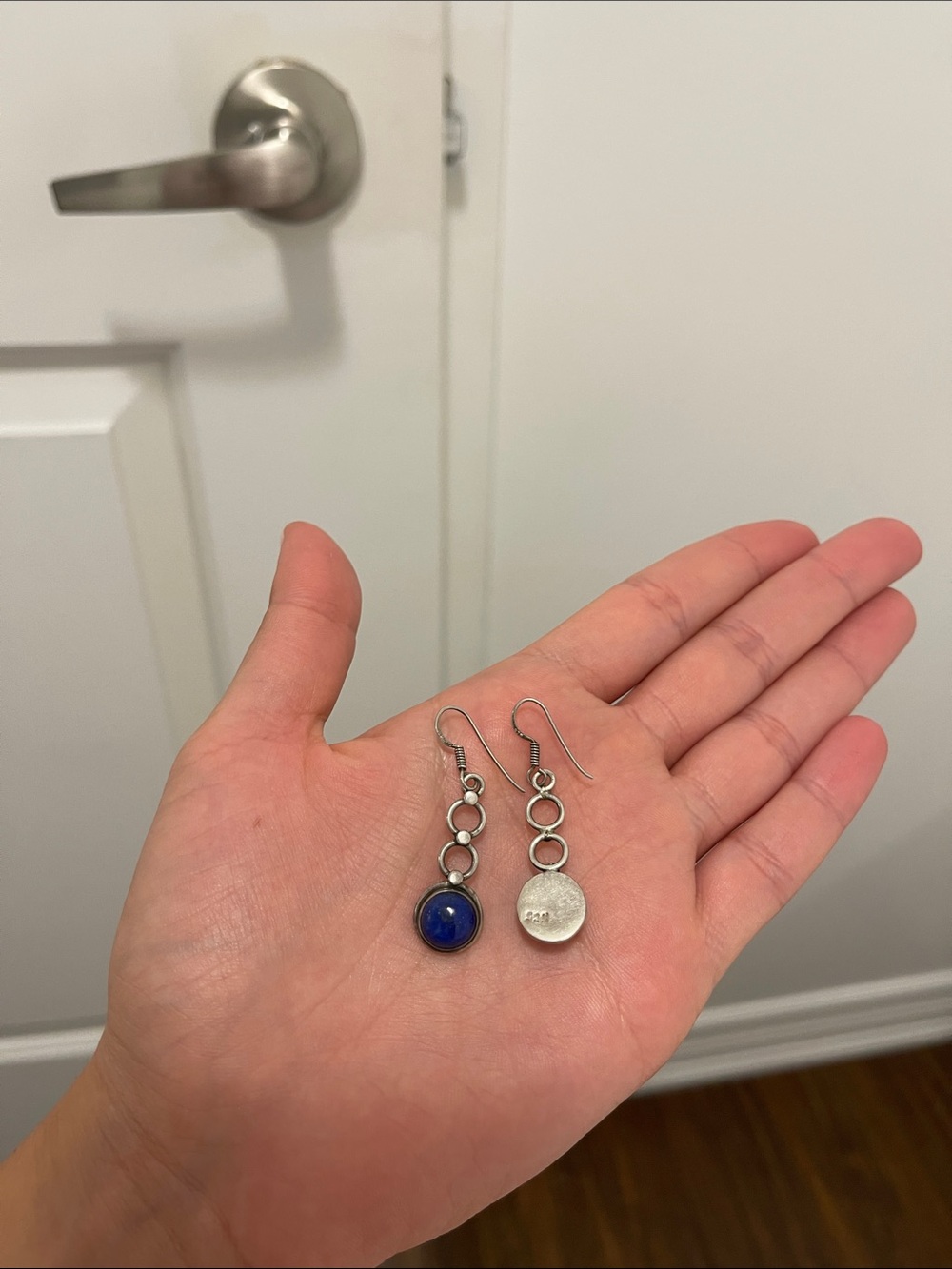 Silver Dangle Earrings with Blue Accent